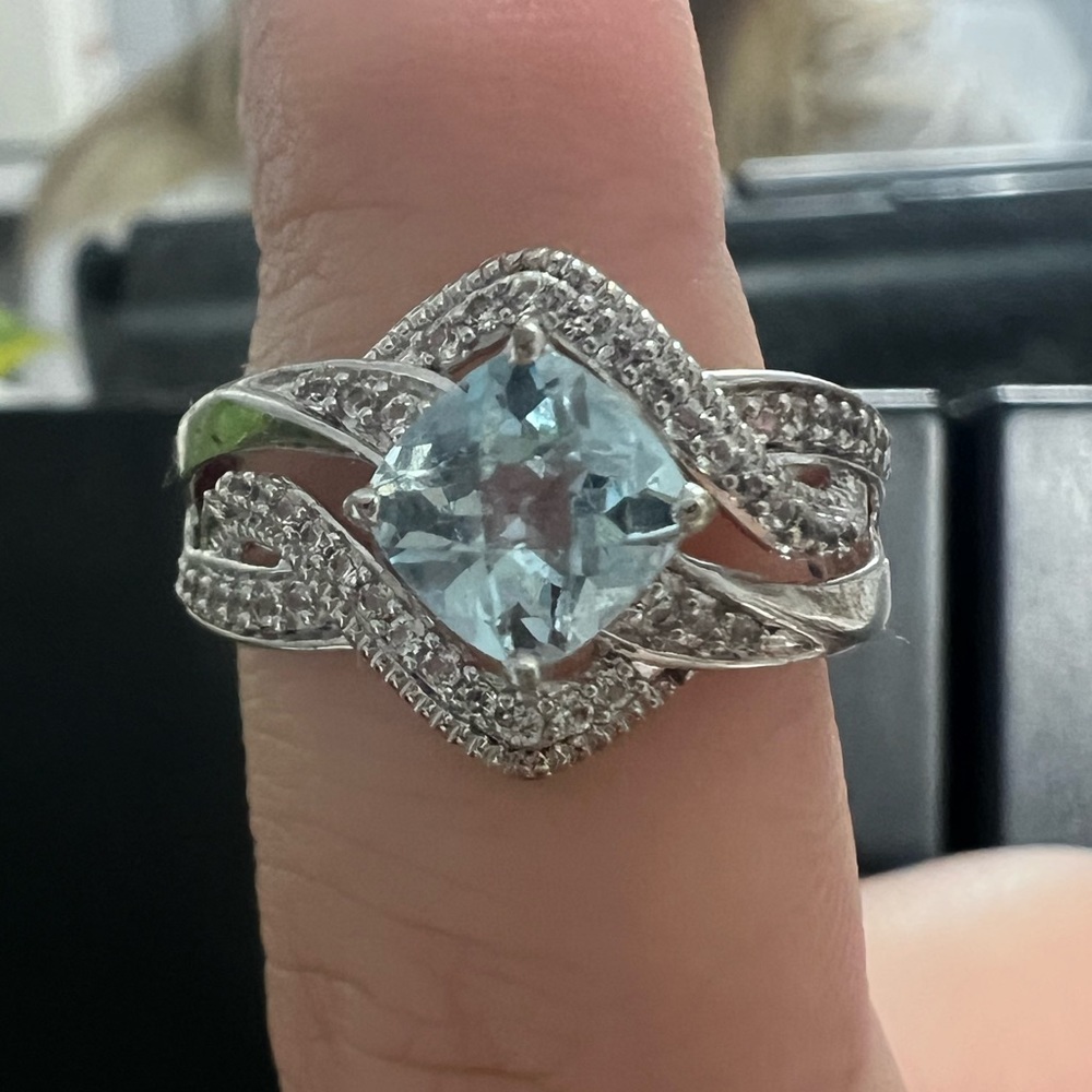 Cushion-Cut Sky Blue Topaz and Lab-Created White Sapphire Bypass Ring